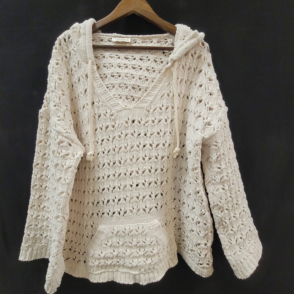 Mello Womens Open Knit Hooded Coastal Beachy Sweater Size L White Festival Boho